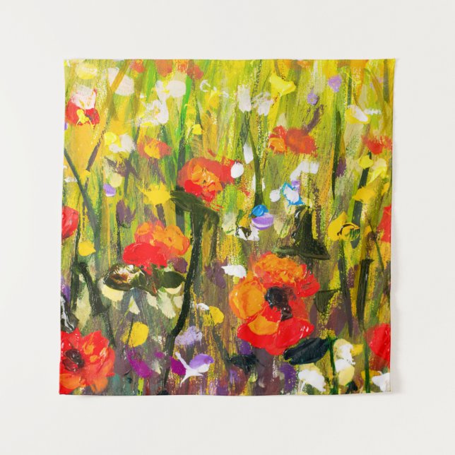 Red Poppies Field Abstract Painting Tapestry (Front)