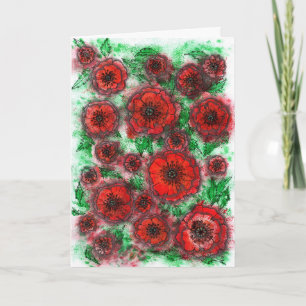 Red Poppies Field Watercolor Botanical Line Art Fl Card