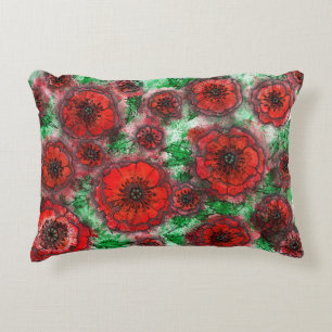 Red Poppies Field Watercolor Botanical Line Art Fl Decorative Cushion