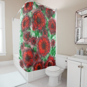 Red Poppies Field Watercolor Botanical Line Art Fl Shower Curtain
