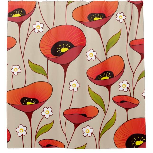 Red Poppies Fine Girly Floral Retro Shower Curtain (Front)