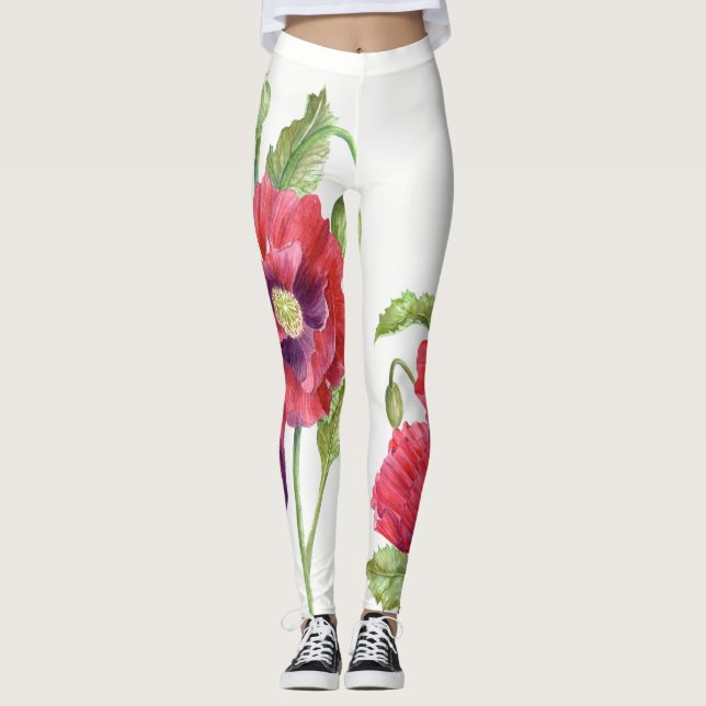 Red Poppies Floral Art Leggings (Front)