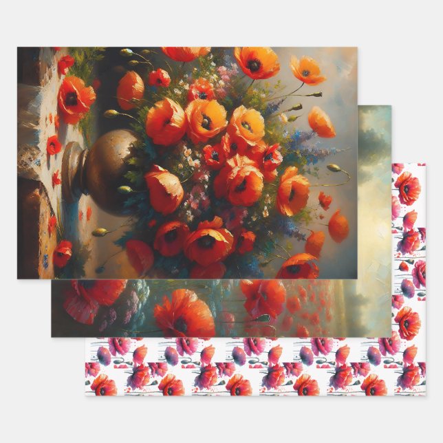 Red Poppies Floral Birthday Wrapping Paper Sheet (Set)