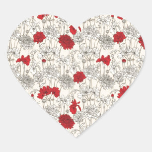 Red Poppies Floral Heart Sticker