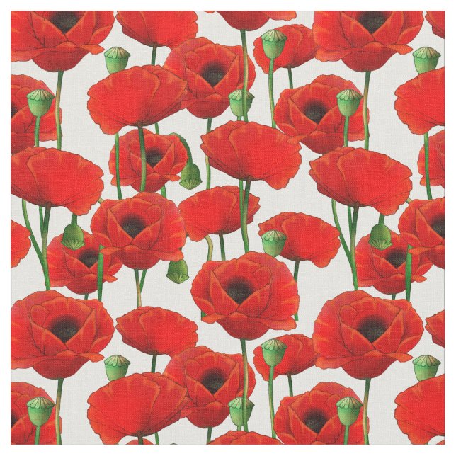 Red Poppies Floral Pattern Fabric (Close Up)