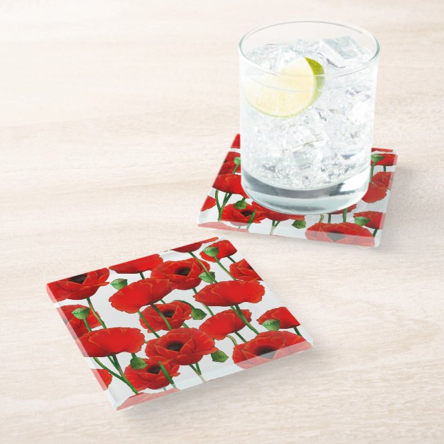 Red Poppies Floral Pattern Glass Coaster (Angled)