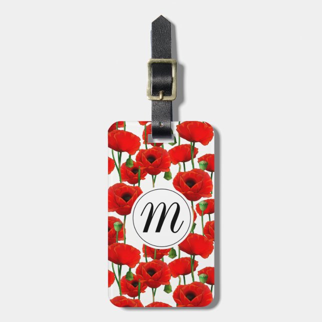 Red Poppies Floral Pattern & Monogram Luggage Tag (Front Vertical)