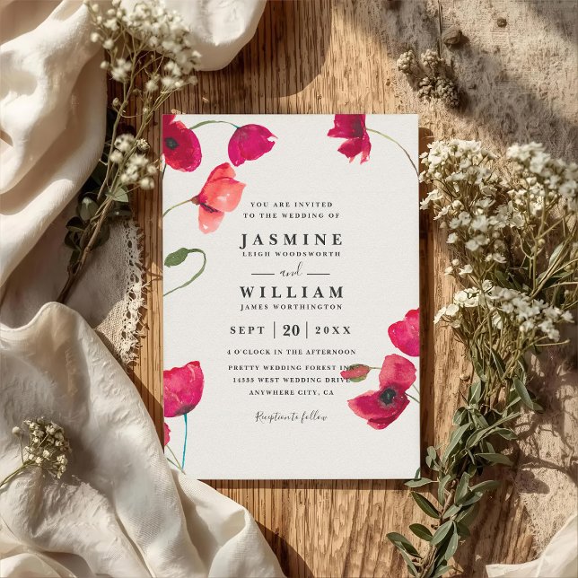 Red Poppies Floral Romantic Chic QR Code Wedding Invitation (Creator Uploaded)