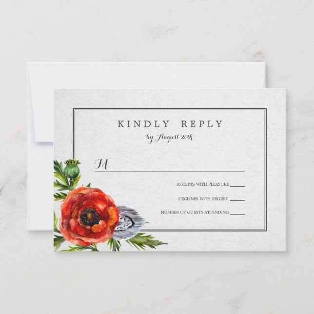 Red Poppies Floral Watercolor Wedding RSVP (Front)
