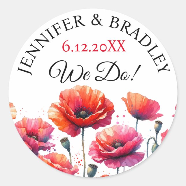 Red Poppies Floral Wedding  Classic Round Sticker (Front)