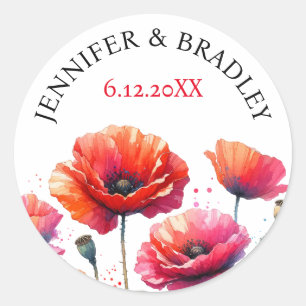 Red Poppies Floral Wedding  Classic Round Sticker
