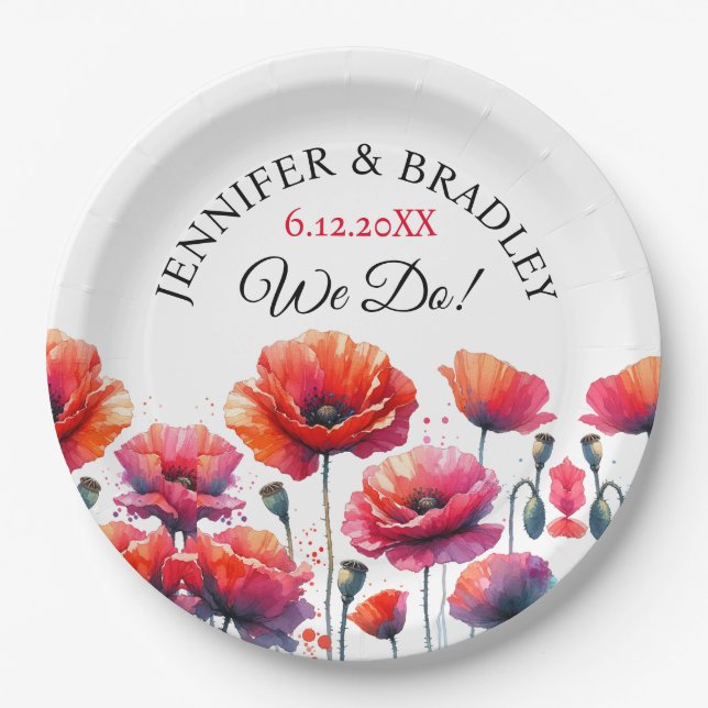Red Poppies Floral Wedding  Paper Plate (Front)