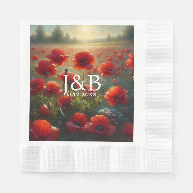Red Poppies Floral Wedding Personalised Napkin (Front)