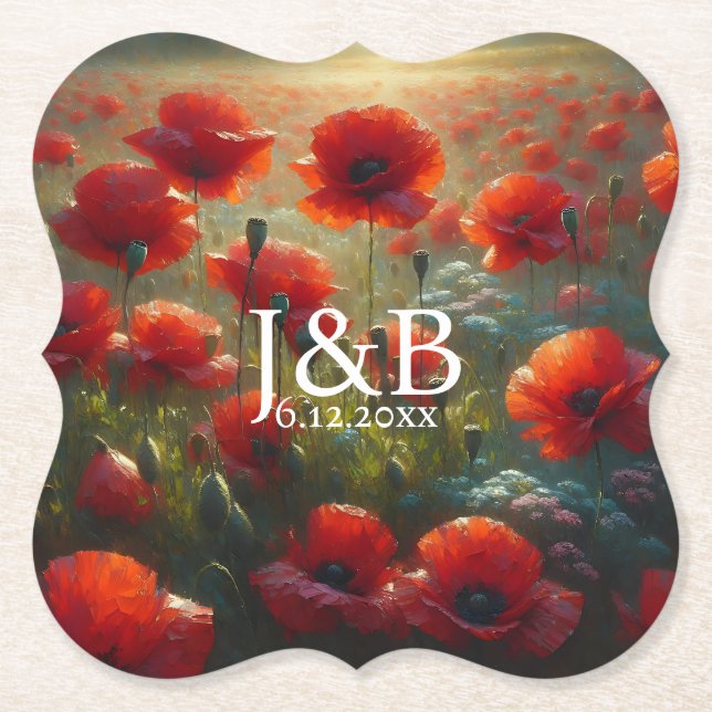 Red Poppies Floral Wedding Personalised Paper Coaster (Front)