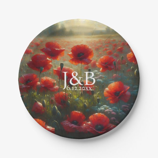 Red Poppies Floral Wedding Personalised Paper Plate (Front)