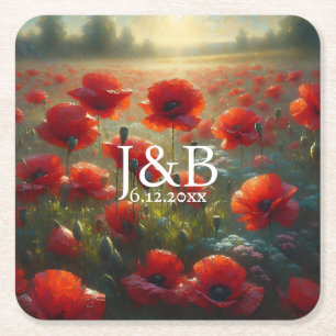 Red Poppies Floral Wedding Personalised Square Paper Coaster