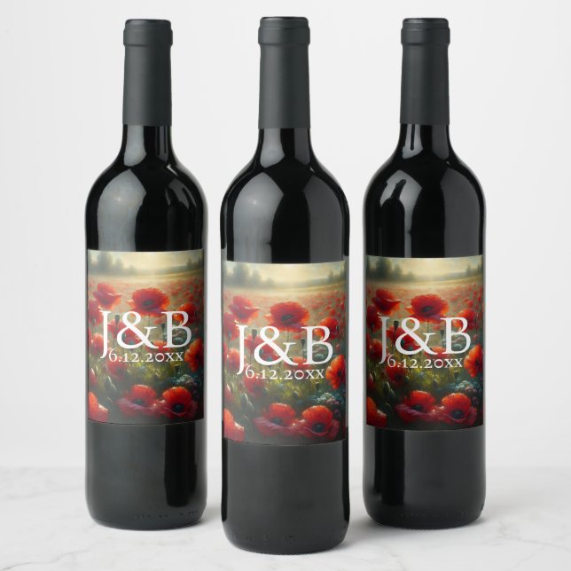 Red Poppies Floral Wedding Personalised Wine Label (Bottles)