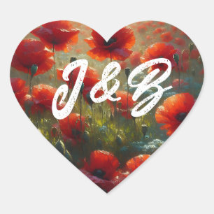 Red Poppies Floral Wedding Welcome Heart Sticker