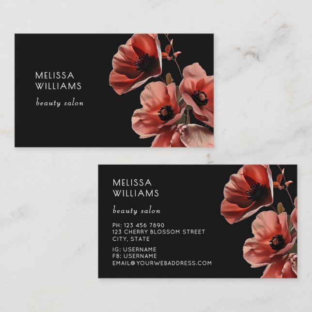 Red Poppies Flowers Black Business Card (Front/Back)