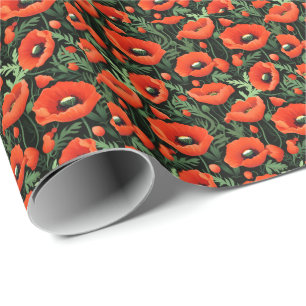 Red Poppies Flowers Floral Greenery Birthday  Wrapping Paper