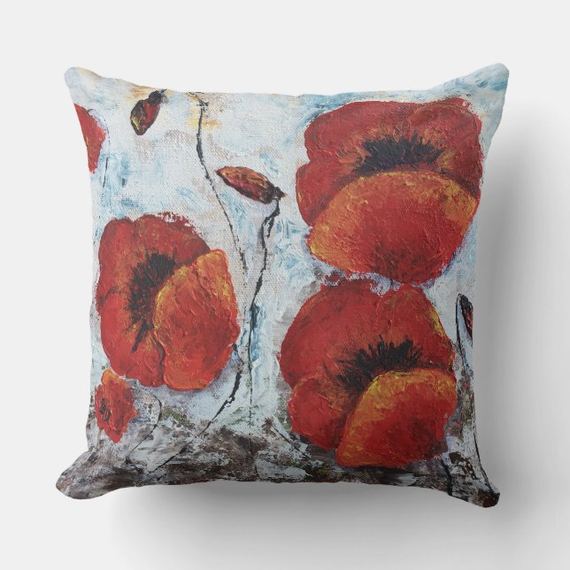 Red Poppies Flowers Pillow Home Decor (Front)
