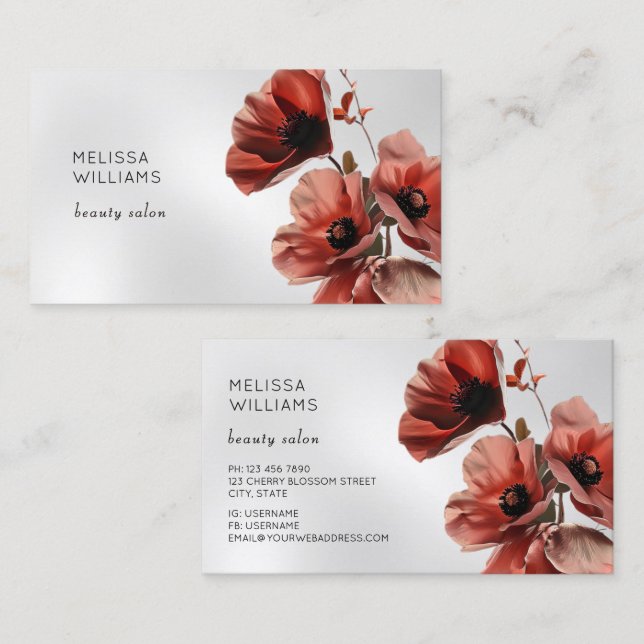 Red Poppies Flowers Silver Business Card (Front/Back)
