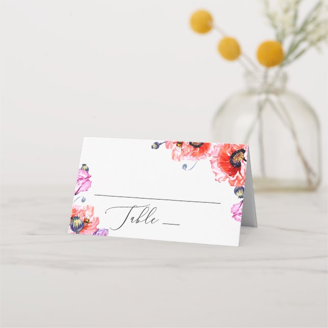 Red poppies flowers. Watercolor floral wedding Place Card (Front)