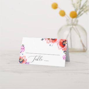 Red poppies flowers. Watercolor floral wedding Place Card