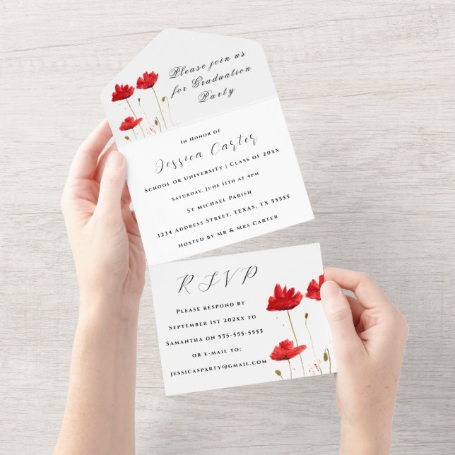 Red Poppies Flowers Wildflower Floral Rustic All In One Invitation (Tearaway)