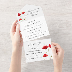 Red Poppies Flowers Wildflower Floral Rustic All In One Invitation