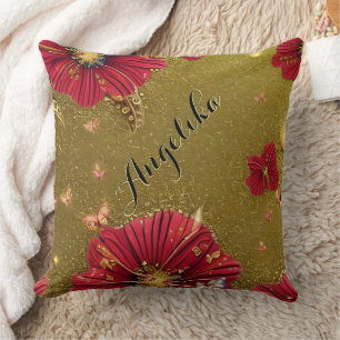 Red Poppies Gold Glitters Custom Name Cushion