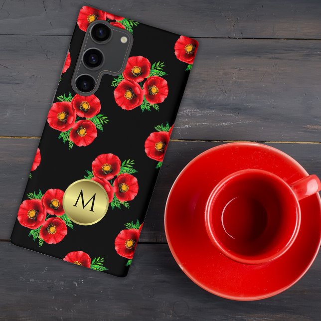 Red Poppies Gold Monogram  Samsung Galaxy S22 Ultra Case (Creator Uploaded)