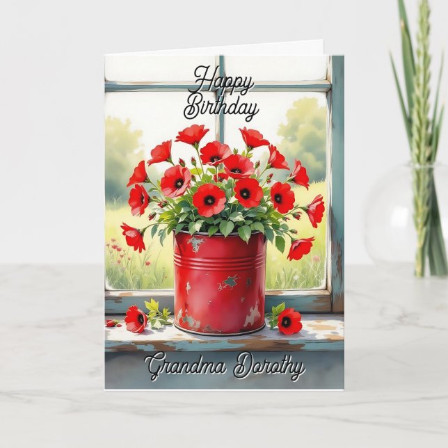 Red Poppies in a Coffee Tin Personalised Birthday  Card (Front)