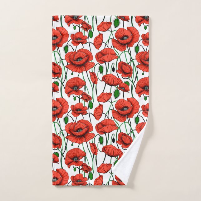 Red Poppies in a Field on White Bath Towel Set (Hand Towel)