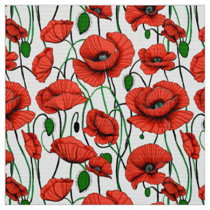 Red Poppies in a Field on White Fabric