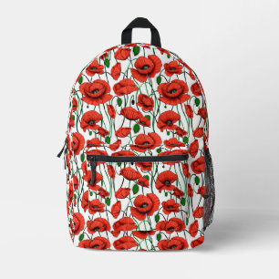 Red Poppies in a Field on White Printed Backpack