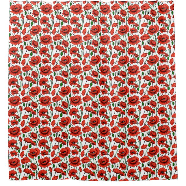 Red Poppies in a Field on White Shower Curtain (Front)
