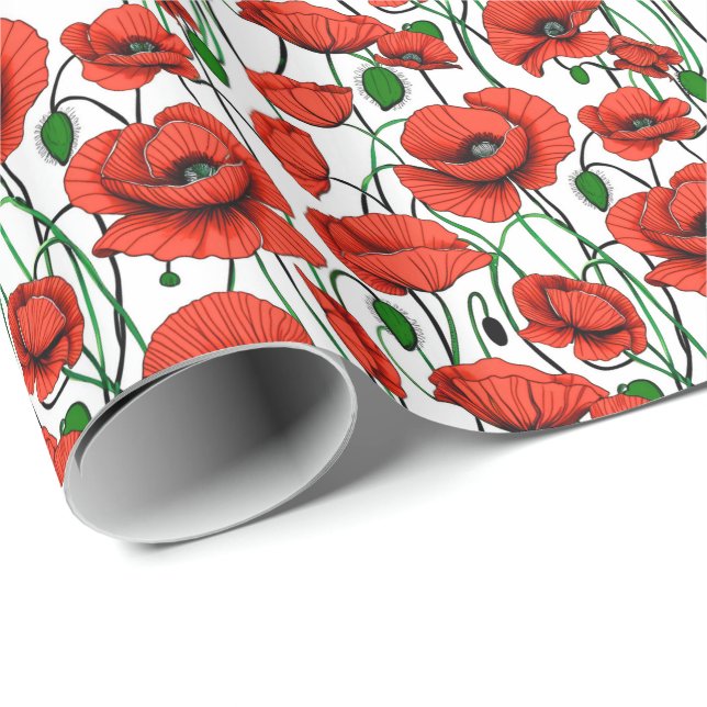 Red Poppies in a Field on White Wrapping Paper (Roll Corner)