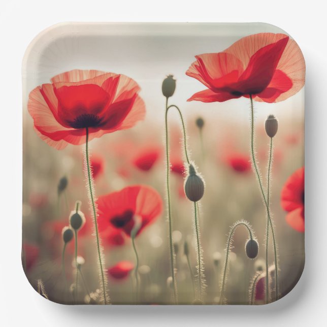 Red Poppies In a Field Paper Plate (Front)