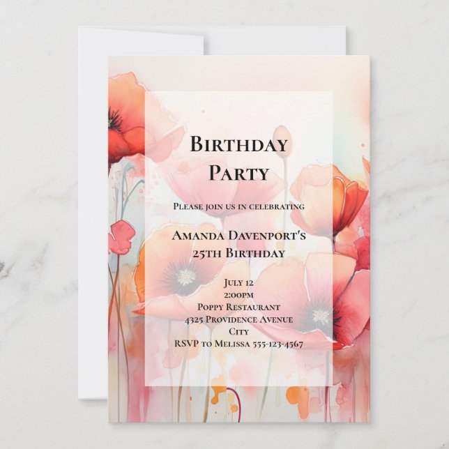 Red Poppies in a Field Watercolor Birthday Invitation (Front)