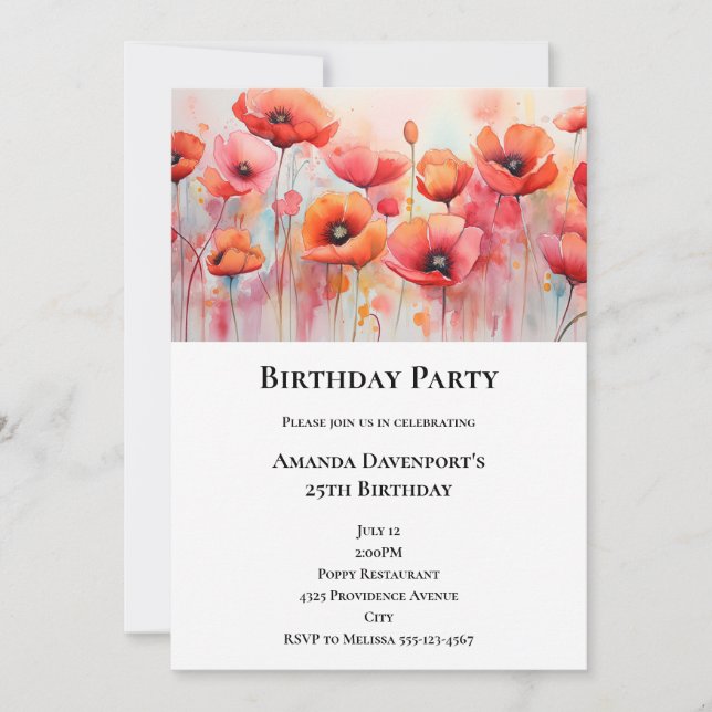 Red Poppies in a Field Watercolor Birthday Invitation (Front)