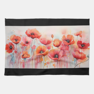 Red Poppies in a Field Watercolor Tea Towel