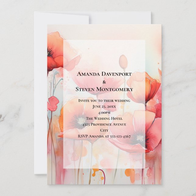 Red Poppies in a Field Watercolor Wedding Invitation (Front)