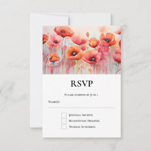 Red Poppies in a Field Watercolor Wedding RSVP Card