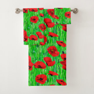 Red Poppies in a Green Field Bath Towel Set