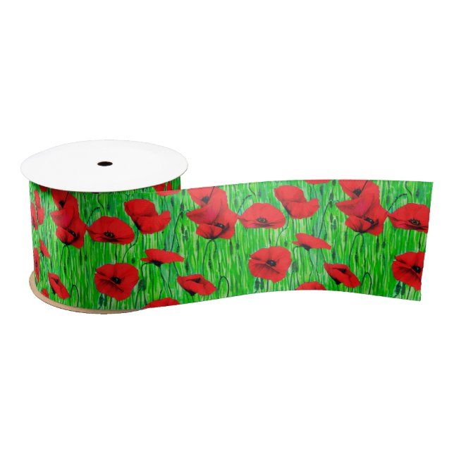 Red Poppies in a Green Field  Satin Ribbon (Spool)