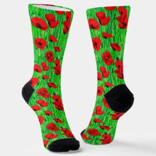 Red Poppies in a Green Field  Socks