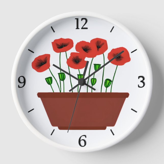 Red Poppies in a Terracotta Planter  Clock (Front)
