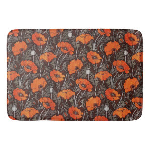 RED POPPIES IN BLACK WHITE Poppy Field Floral Bath Mat