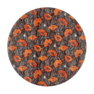 RED POPPIES IN BLACK WHITE Poppy Field Floral  Cutting Board